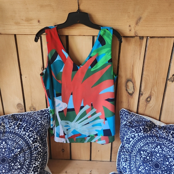 Ann Taylor Womens Multicolor Tropical Double Layer Tank Blouse Medium - Picture 1 of 11